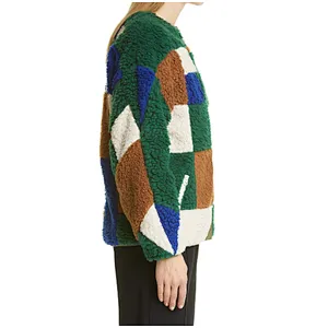 Women's Winter Warm Teddy Coat Fuzzy Faux Button Up Outwear Crew Neck Patchwork Oversize Fleece Jacket