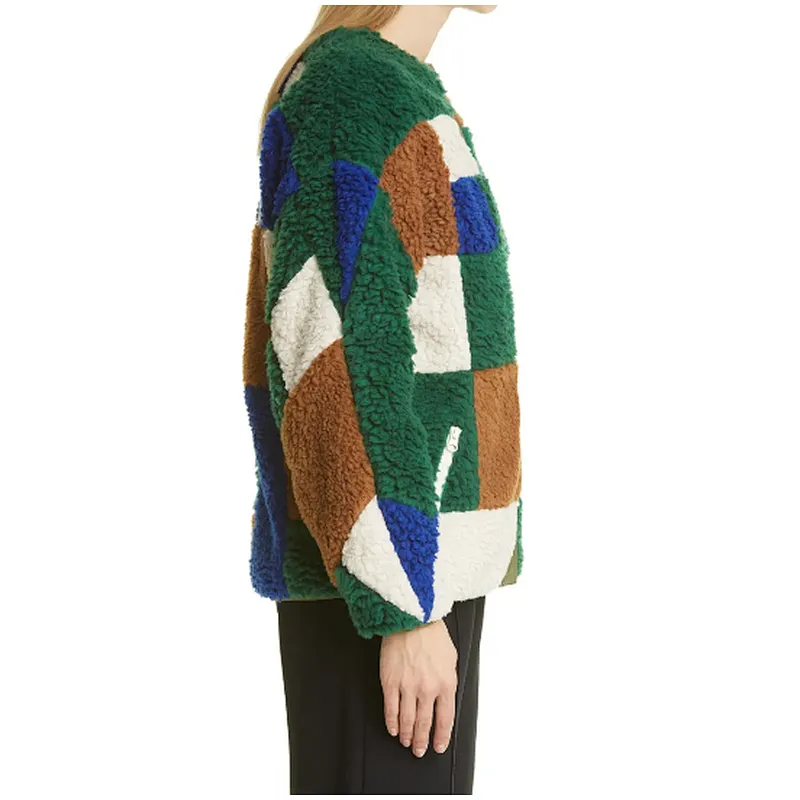 Women's Winter Warm Teddy Coat Fuzzy Faux Button Up Outwear Crew Neck Patchwork Oversize Fleece Jacket