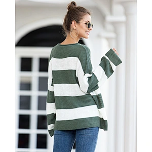 Wholesale Hot Selling Knitwear Loose Long Sleeve Edge Curl Collar Striped Women Sweater