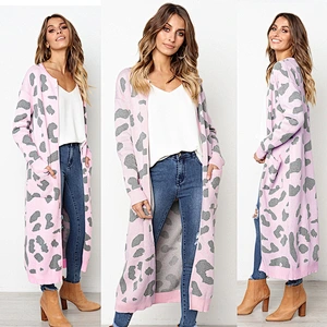 Trendy female knit sweater long sleeve women extra long leopard cardigan without buttons