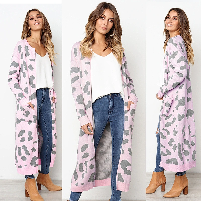 Trendy female knit sweater long sleeve women extra long leopard cardigan without buttons
