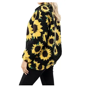 2021 New Arrival Lamb Wool  Sunflower Print Sherpa Fleece Jacket Pullover