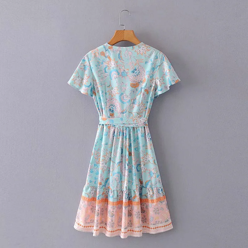 2021 New Allover Floral Print Belt Wrap Dress