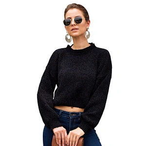 Wholesale Fashion Women Pullover Plain color Sexy Crew neck Long Sleeve Crop Top Sweater