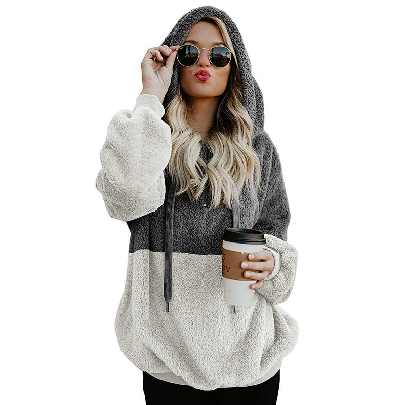 Custom Logo Women's Winter Warm Fuzzy Teddy Coats Quarter Zipper Patchwork Sherpa hoodies