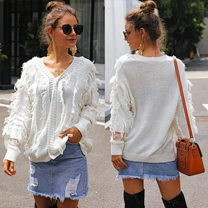 Factory Direct Women's Knitted Pullover Tops V-neck tassel lace Patchwork loose White knit sweater