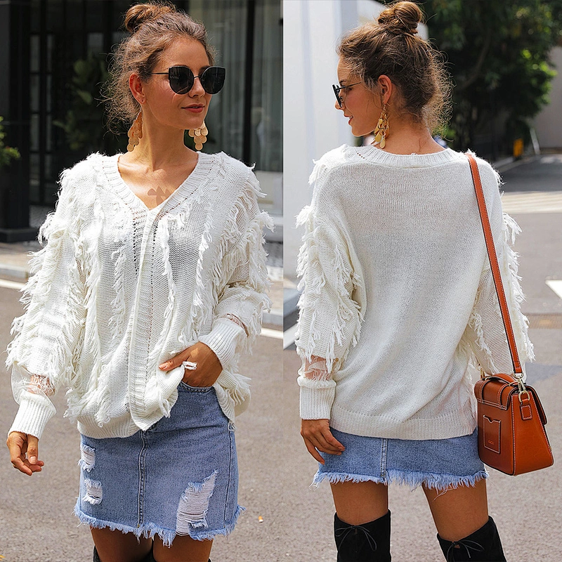 Factory Direct Women's Knitted Pullover Tops V-neck tassel lace Patchwork loose White knit sweater