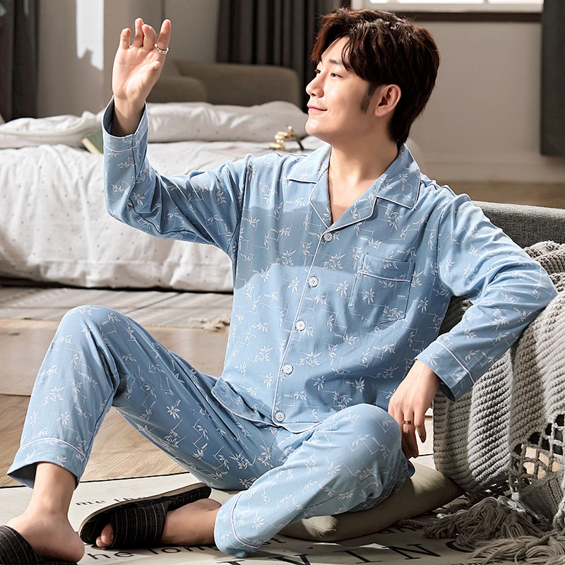 Wholesal Men long sleeve 100% cotton pajamas set Plus size solid color cardigan trousers cousal Comfy Pants Two Pieces Sets