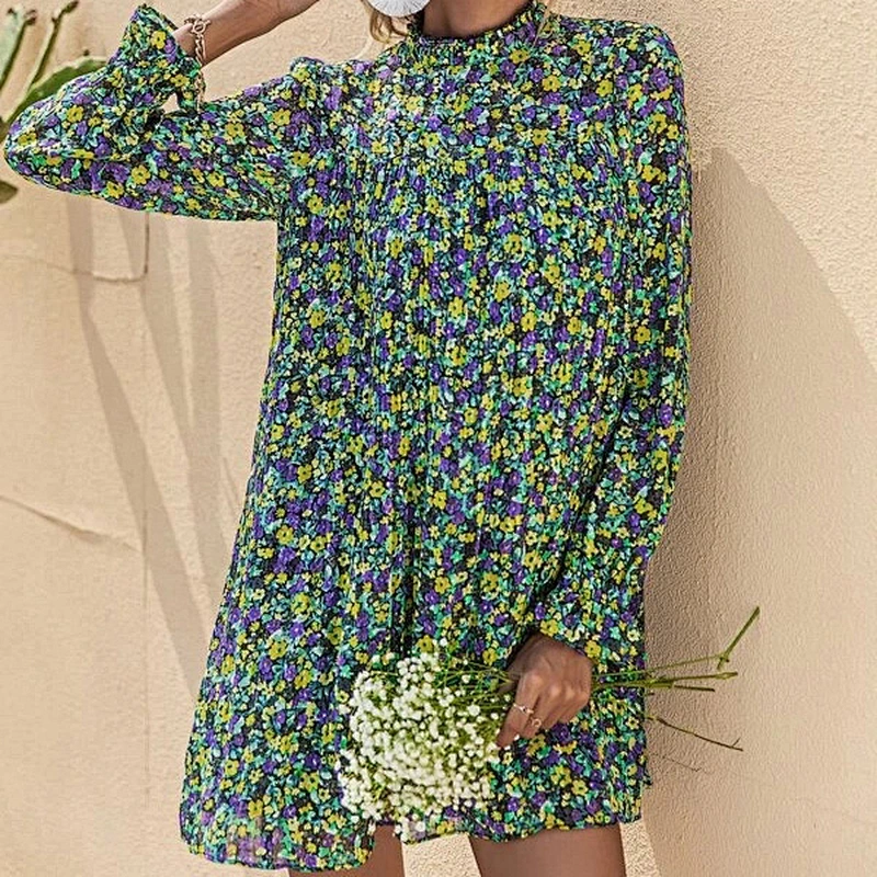 2021 New Arrival Ditsy Floral Pleated Mock Neck Dress ladies dresses elegant