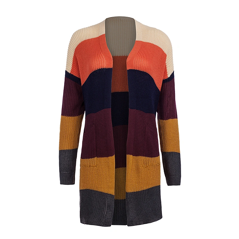 New Fancy Ladies Top Clothing Multicolor Striped Rainbow Long Knitted Sweater Cardigan