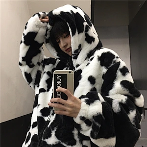 Fuzzy Cow Color Printing Plush Hooded Coat Sweatershirt Full Zip Fleece Hoodeis Sherpa Jacket Pullover