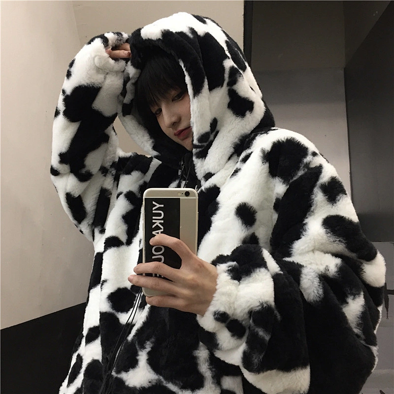 Fuzzy Cow Color Printing Plush Hooded Coat Sweatershirt Full Zip Fleece Hoodeis Sherpa Jacket Pullover
