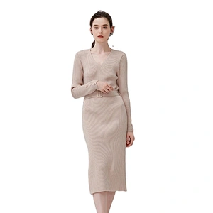 Custom Logo Womens Over-knee Long Sweater Dress  V-Neck Front Belted knitted Tunic Sweater Dress Pullover