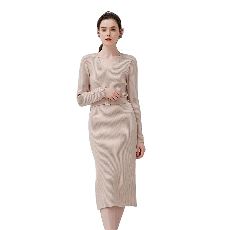 Custom Logo Womens Over-knee Long Sweater Dress  V-Neck Front Belted knitted Tunic Sweater Dress Pullover
