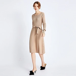 Amazon Hot Womens Long Sweater Dress Crew neck Front Belted Beading Cuff knitted Tunic Sweater Pullover