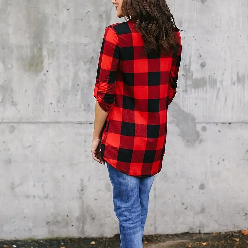 Wholesale Plaid Printed V-neck Long-sleeved Ladies Shirt Office Tunic Shirts Tops For Women