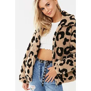 Custom Logo Womens Winter Jacket Outwear Leopard Print Full Zipper Sherpa Fleece Jacket