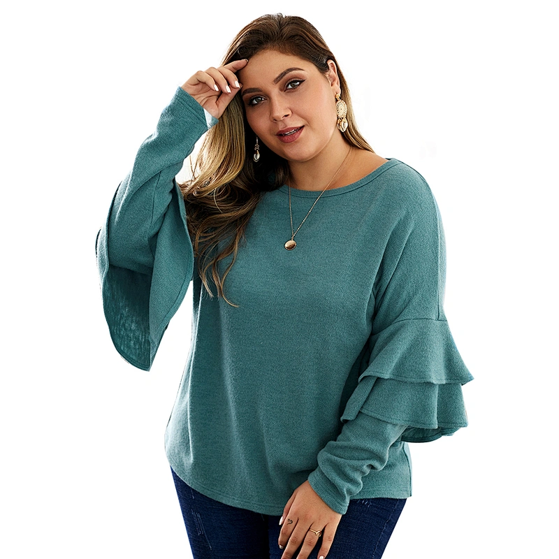 Women Plus Size Pullover Sweater Ruffle Sleeve Solid Color  Knitted Crew Neck Sweater Tops