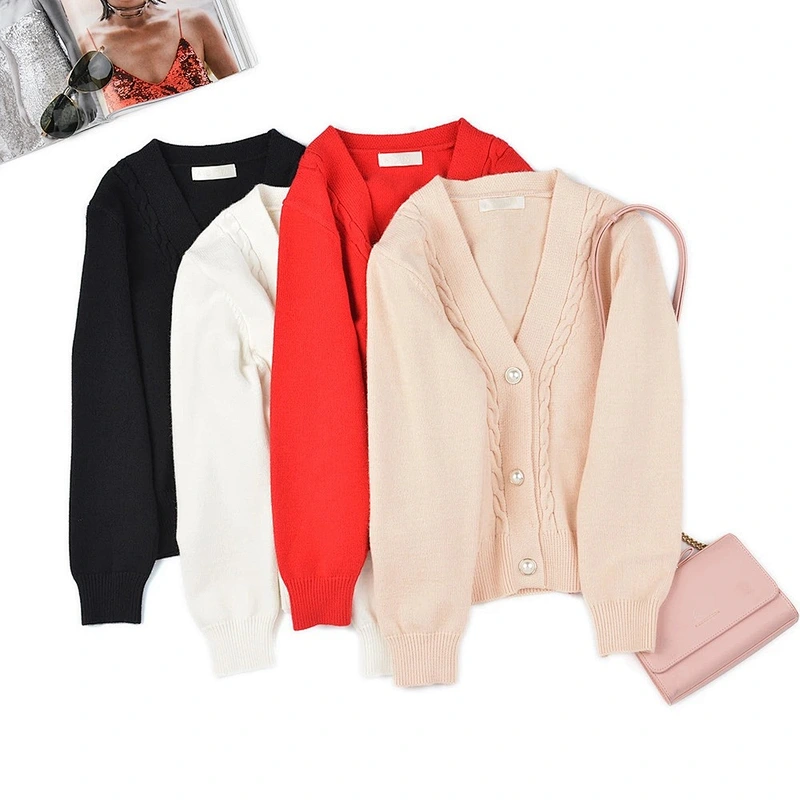 Amazon Hot Selling Women's Long Sleeve Button-up V-Neck Knitting Crop Sweater Cardigan