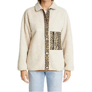 Lady Fashion Winter Warm Teddy Coat Full Button Leopard Trim Sherpa fleece Jacket