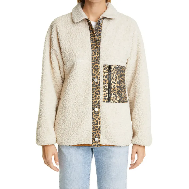 Lady Fashion Winter Warm Teddy Coat Full Button Leopard Trim Sherpa fleece Jacket