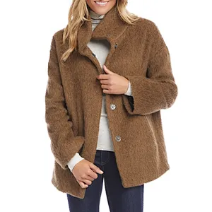 Custom Logo Womens Middle long Solid color Outwear Funnel Neck Button Sherpa Jacket Coat