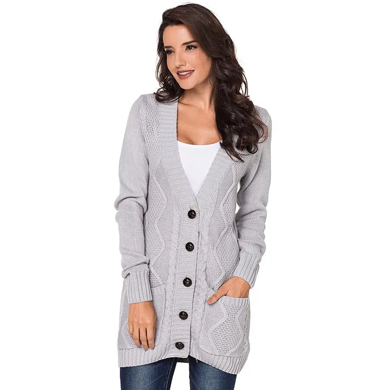 Hot sale Premium Knitting Sweater Pockets Button Deep V Neck Fitted Womens Cardigan Long