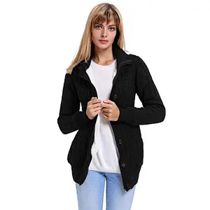 Women's Long Sleeve Button-up Hooded Cardigans Knit Sweater Blouse