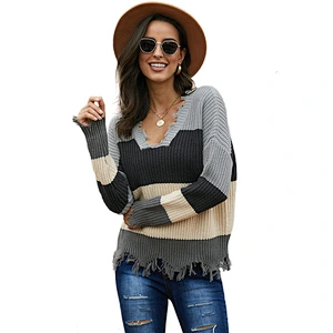 Wholesale High Quality Stylish Multi-Color Striped V neck Irregular Raw Edge Knit Women Sweater
