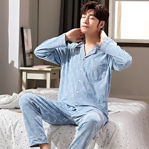 Wholesal Men long sleeve 100% cotton pajamas set Plus size solid color cardigan trousers cousal Comfy Pants Two Pieces Sets