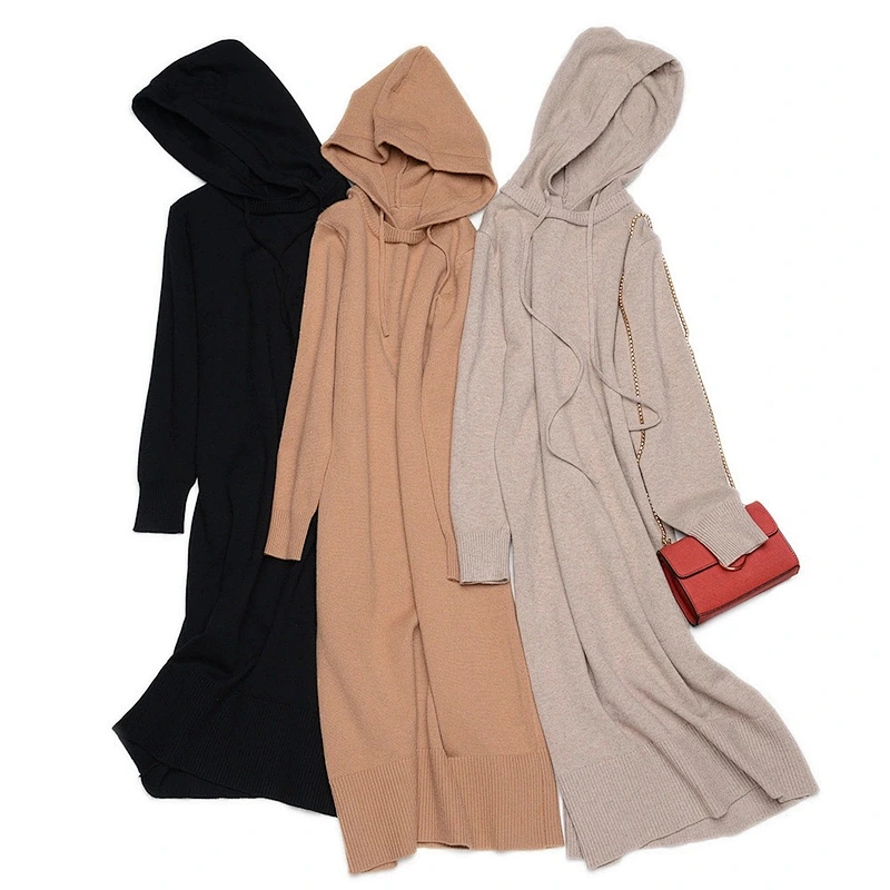 Custom Logo Womens Hoodies Sweatshirt Loose Lightweight Hooded over-knee long knitted Sweater Dress Pullover