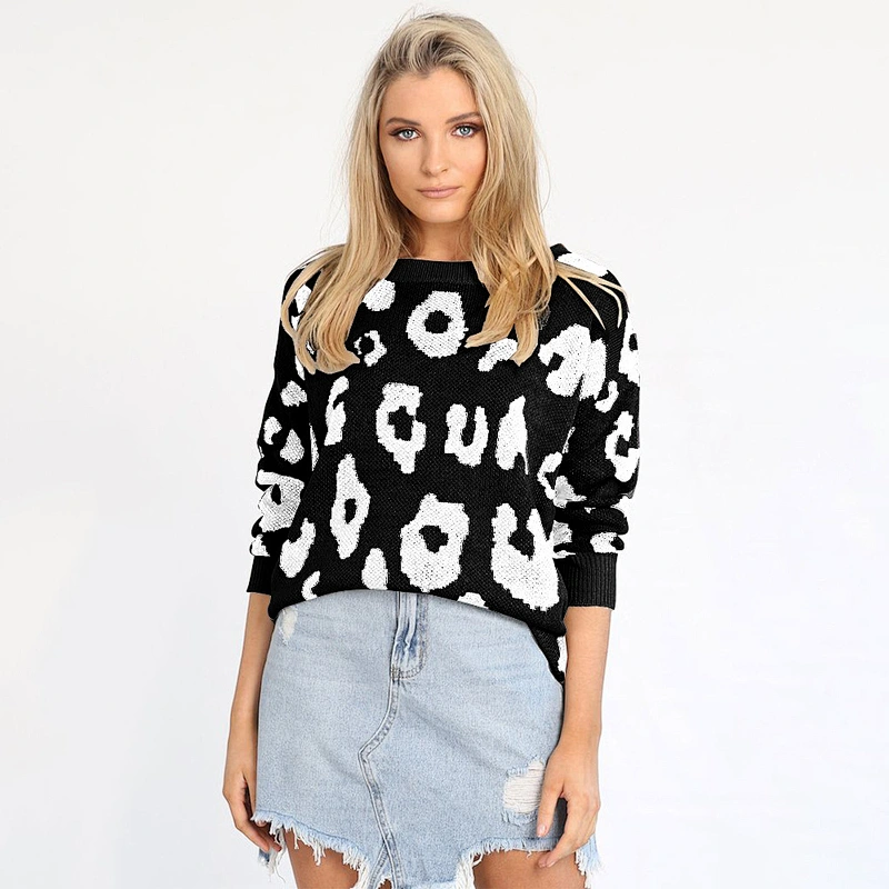 2020 Women's Causal Long Sleeve Crew Neck Leopard Print Knitted Pullover Sweater Tops
