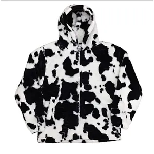 Fuzzy Cow Color Printing Plush Hooded Coat Sweatershirt Full Zip Fleece Hoodeis Sherpa Jacket Pullover