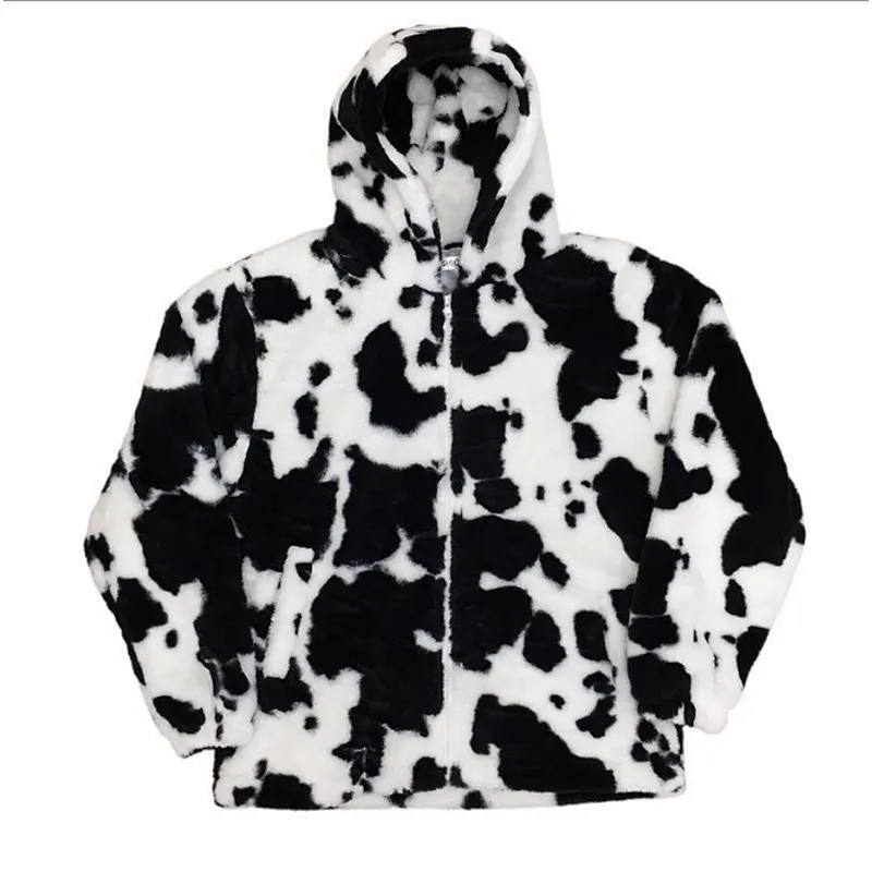 Fuzzy Cow Color Printing Plush Hooded Coat Sweatershirt Full Zip Fleece Hoodeis Sherpa Jacket Pullover