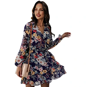 2021 New Floral Surplice Neck Belted Dress