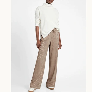 Latest Factory High Waisted Crepe Fabric High Rise Wide Leg Satin Pull On Pant
