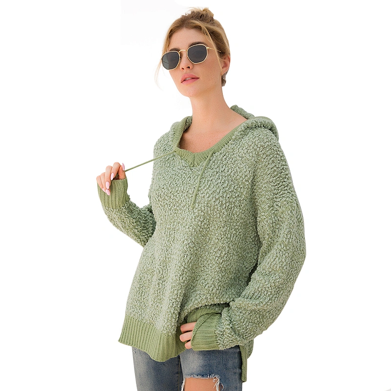 Brand New Design Fashion Sweater pullover Plain Loose Women Knit Hoodie with drawstring