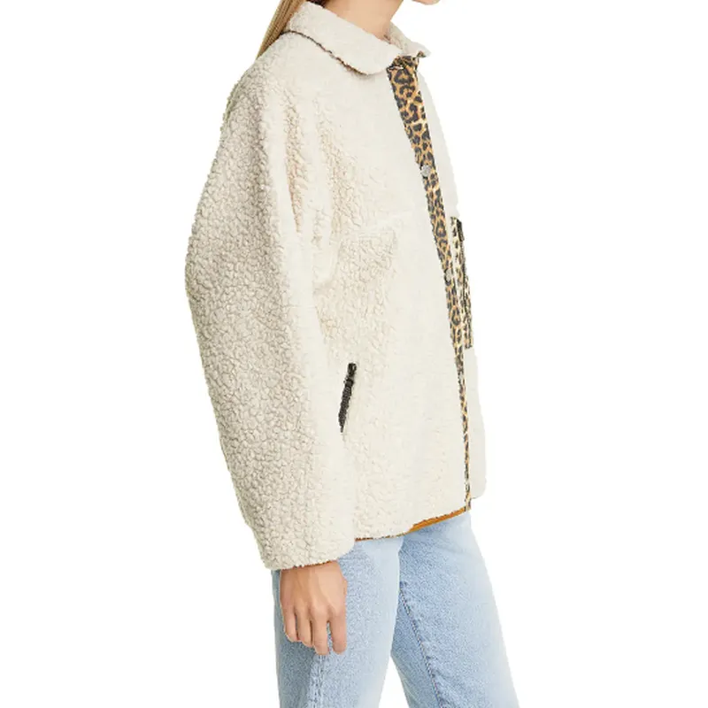 Lady Fashion Winter Warm Teddy Coat Full Button Leopard Trim Sherpa fleece Jacket