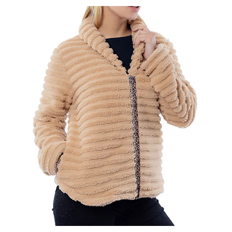 Amazon hot  Womens Solid color Outwear Stripe Full Zipper Leopard Printing Sherpa Fleece Jacket Coat