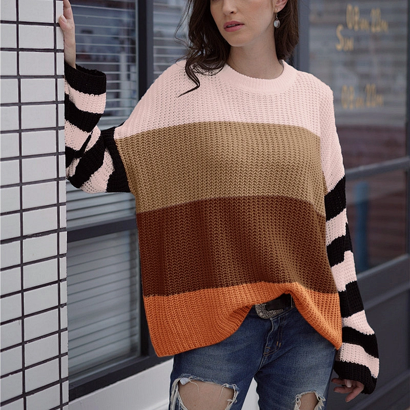 WInter new Loose Pullover S-XL Multi Color Striped Knitting Ladies Commuting Sweater
