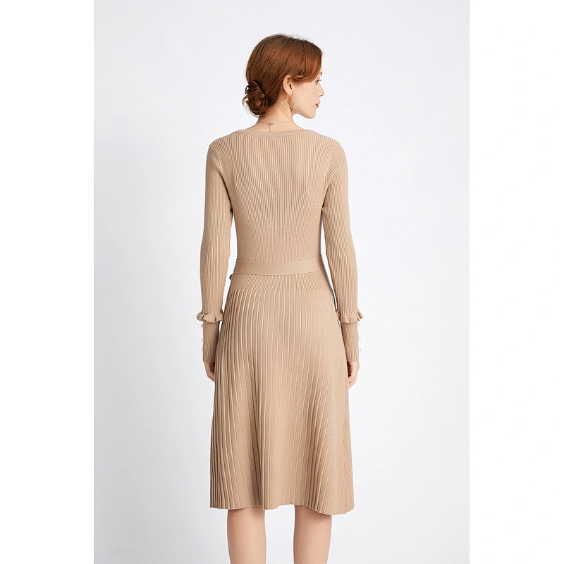 Amazon Hot Womens Long Sweater Dress Crew neck Front Belted Beading Cuff knitted Tunic Sweater Pullover