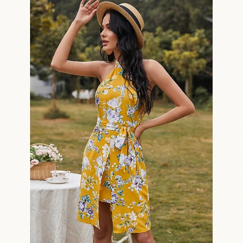 2021 New Floral Print Belted Halter Dress