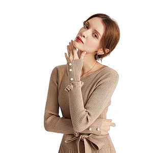 Amazon Hot Womens Long Sweater Dress Crew neck Front Belted Beading Cuff knitted Tunic Sweater Pullover