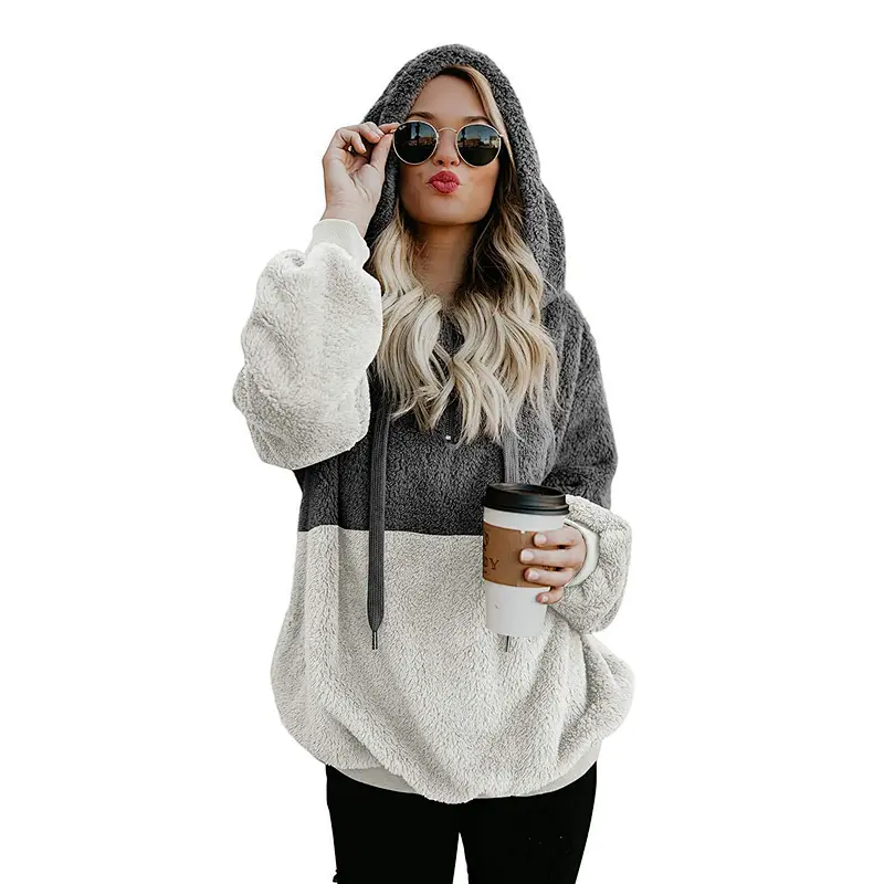 Custom Logo Women's Long Sleeve Winter Fuzzy Teddy Coats Quarter Zipper Sherpa Fleece Hoodies Sweatshirt Pullover
