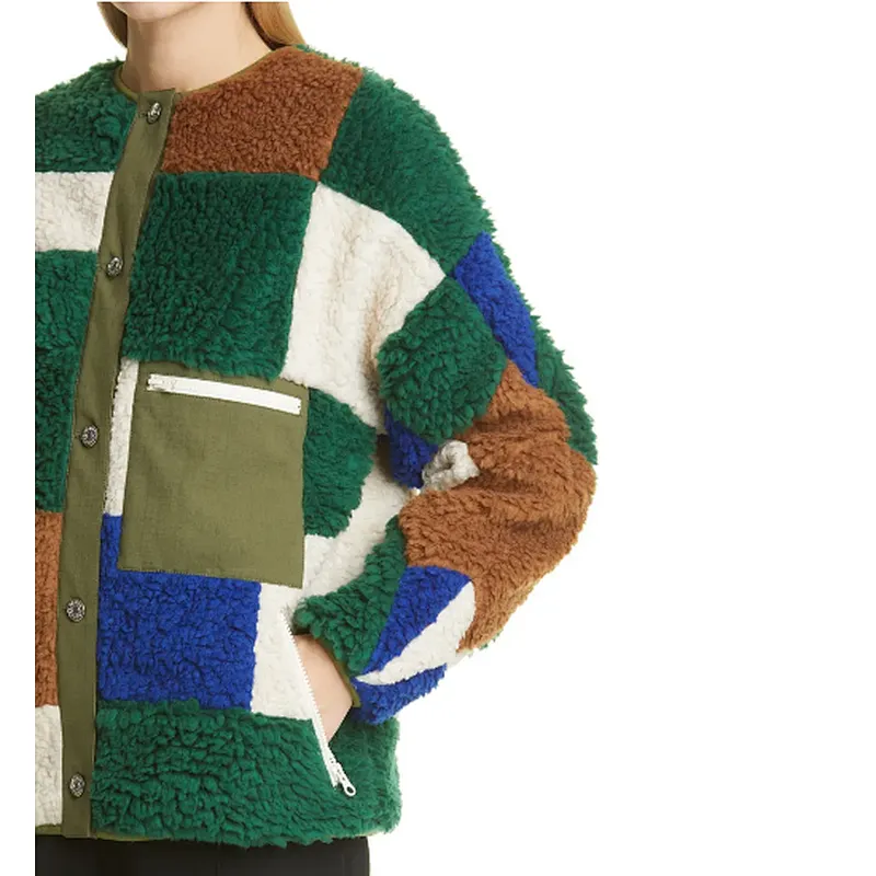 Women's Winter Warm Teddy Coat Fuzzy Faux Button Up Outwear Crew Neck Patchwork Oversize Fleece Jacket