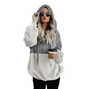 Custom Logo Women's Long Sleeve Winter Fuzzy Teddy Coats Quarter Zipper Sherpa Fleece Hoodies Sweatshirt Pullover