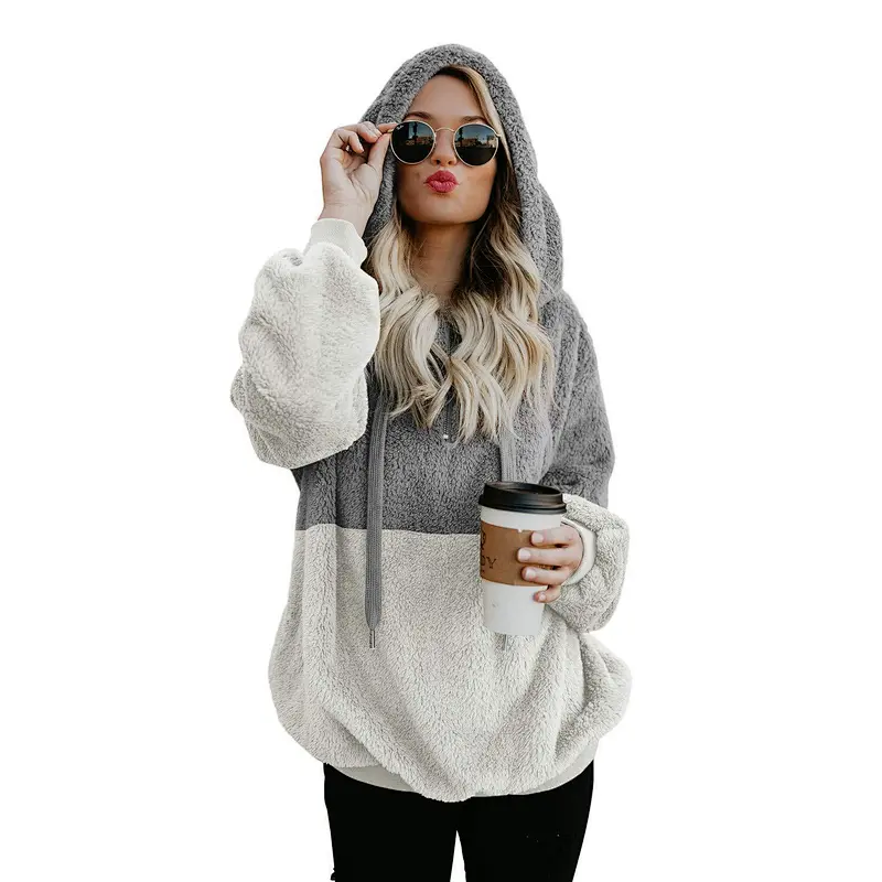 Custom Logo Women's Long Sleeve Winter Fuzzy Teddy Coats Quarter Zipper Sherpa Fleece Hoodies Sweatshirt Pullover