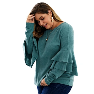 Women Plus Size Pullover Sweater Ruffle Sleeve Solid Color  Knitted Crew Neck Sweater Tops