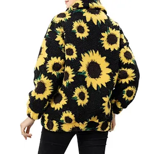 2021 New Arrival Lamb Wool  Sunflower Print Sherpa Fleece Jacket Pullover