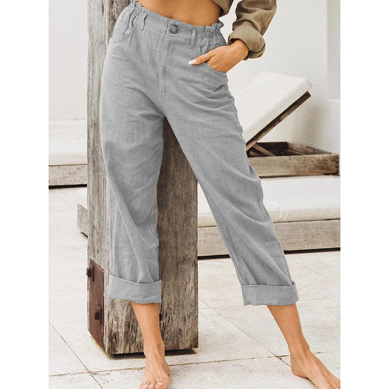 Factory sale Wish and Amazon's new style pure color cotton linen trousers women's fashion loose-waisted slacks